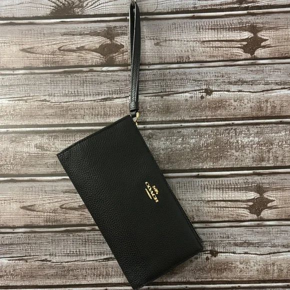 Coach Black Leather Pouch with Gold Accent and wrist strap - Picture 2 of 11